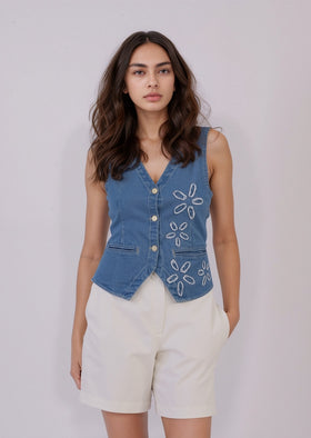 Floral Accent Denim Waistcoat