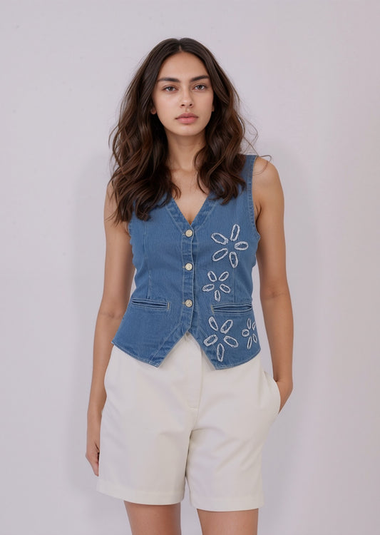 Floral Accent Denim Waistcoat